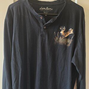 Men's Cotton Black Henley Shirt with Buck Design Size Large